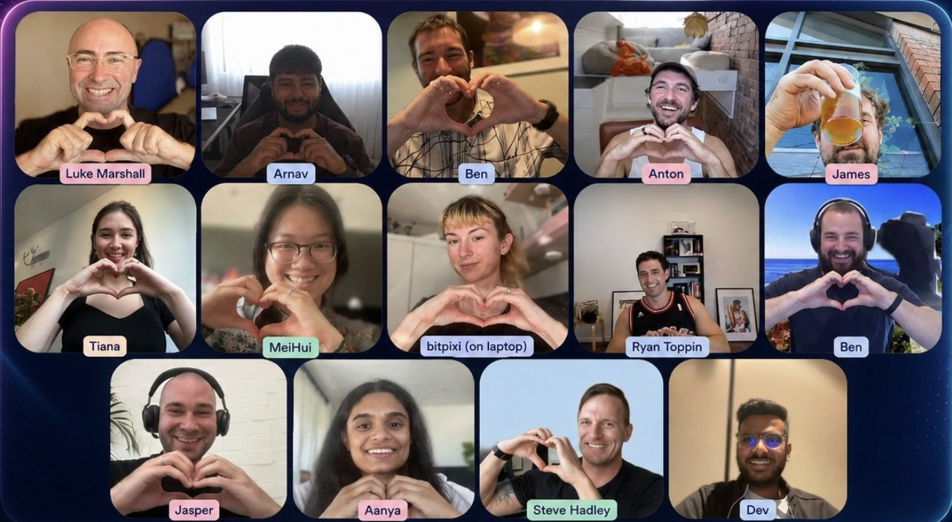 Members of the online community on a video call making heart hands